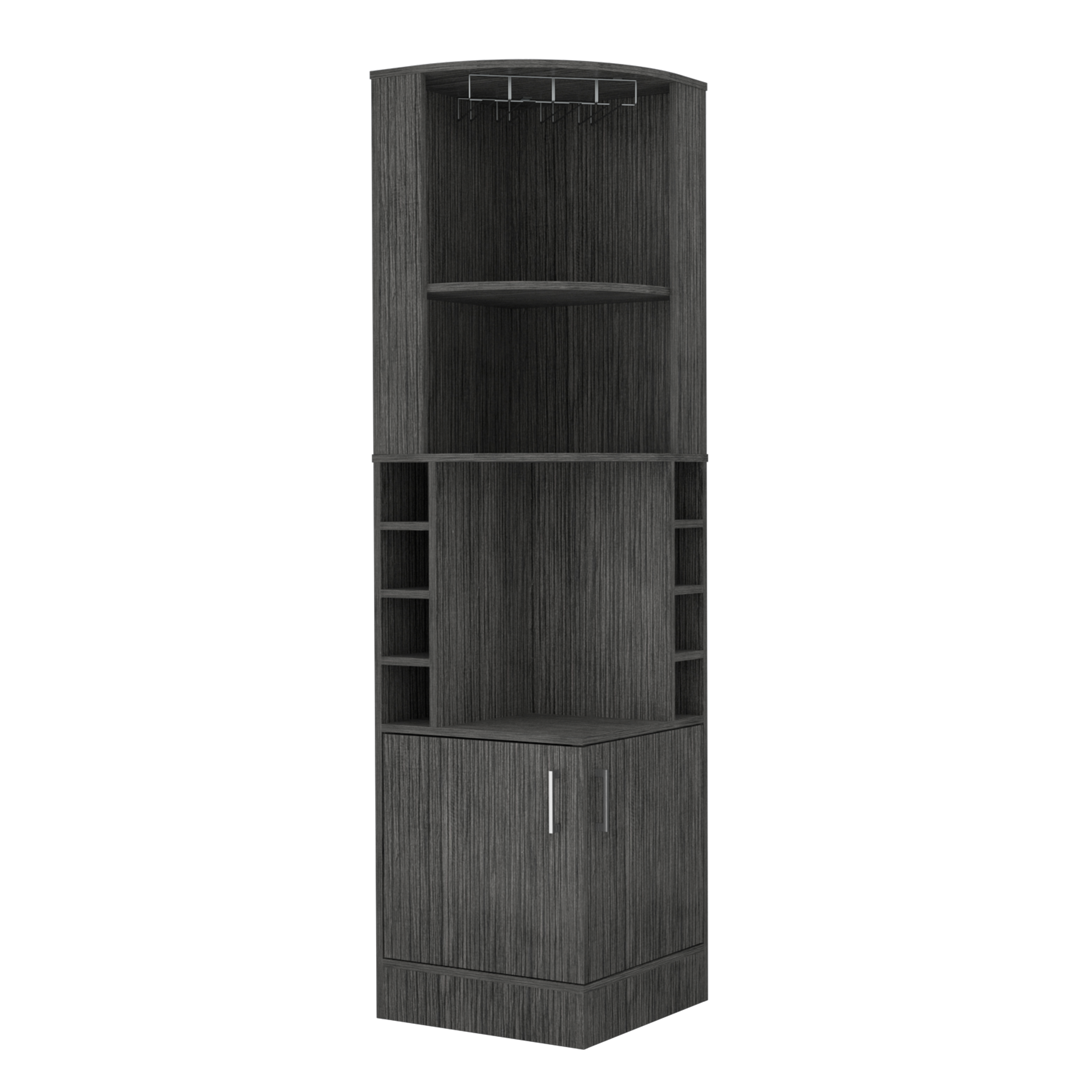 Syrah Corner Bar Cabinet, Eight Bottle Cubbies, Double Door, Two Open Shelves -Smokey Oak